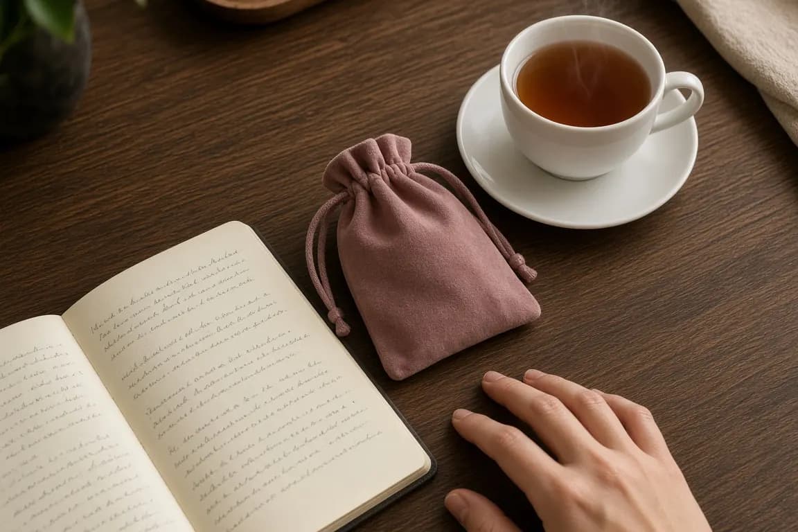 A notebook with handwritten notes beside a small velvet jewelry pouch and a cup of tea on a wooden desk
