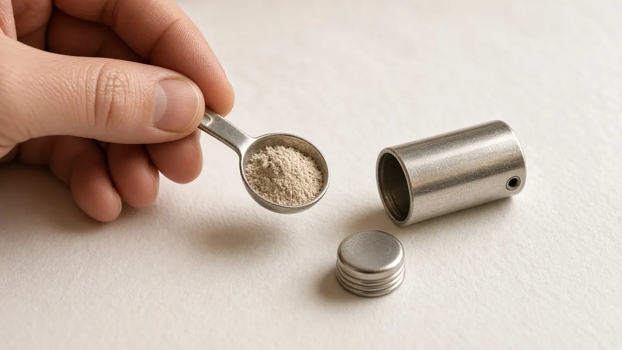 A tiny silver measuring spoon holding pale fine sand beside an open cylinder pendant and its screw on white paper