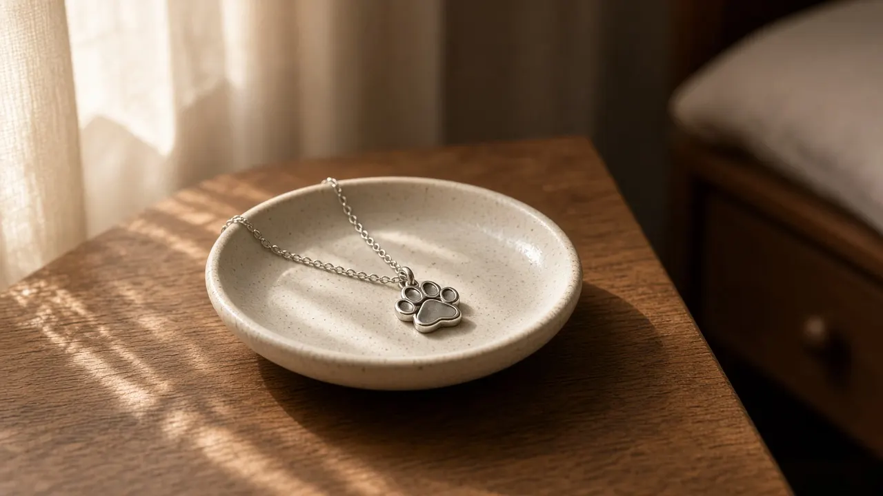 A small ceramic ring dish on a bedside table holding a silver paw pendant on a fine chain, morning light through a curtain