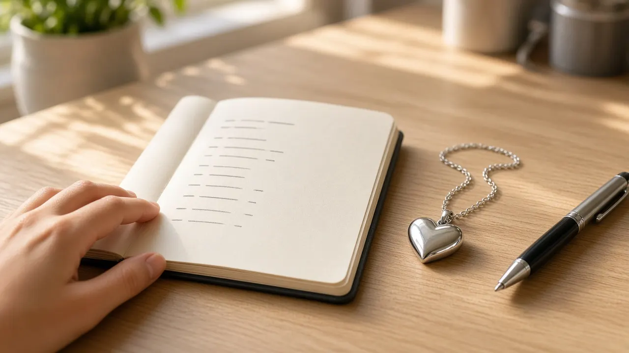A handwritten checklist in a small notebook beside a silver heart pendant and a pen on a sunny kitchen table