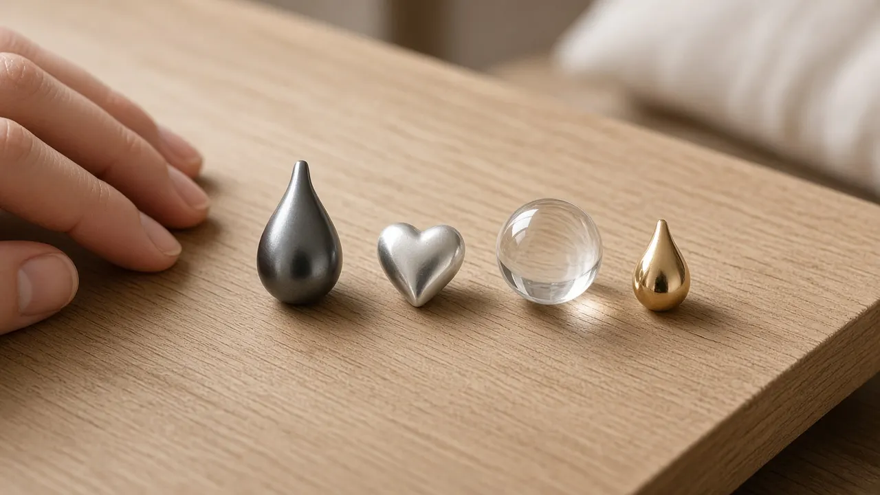 A row of memorial jewelry on a pale oak board from left to right: a steel pendant, a silver heart, a glass bead and a small gold pendant