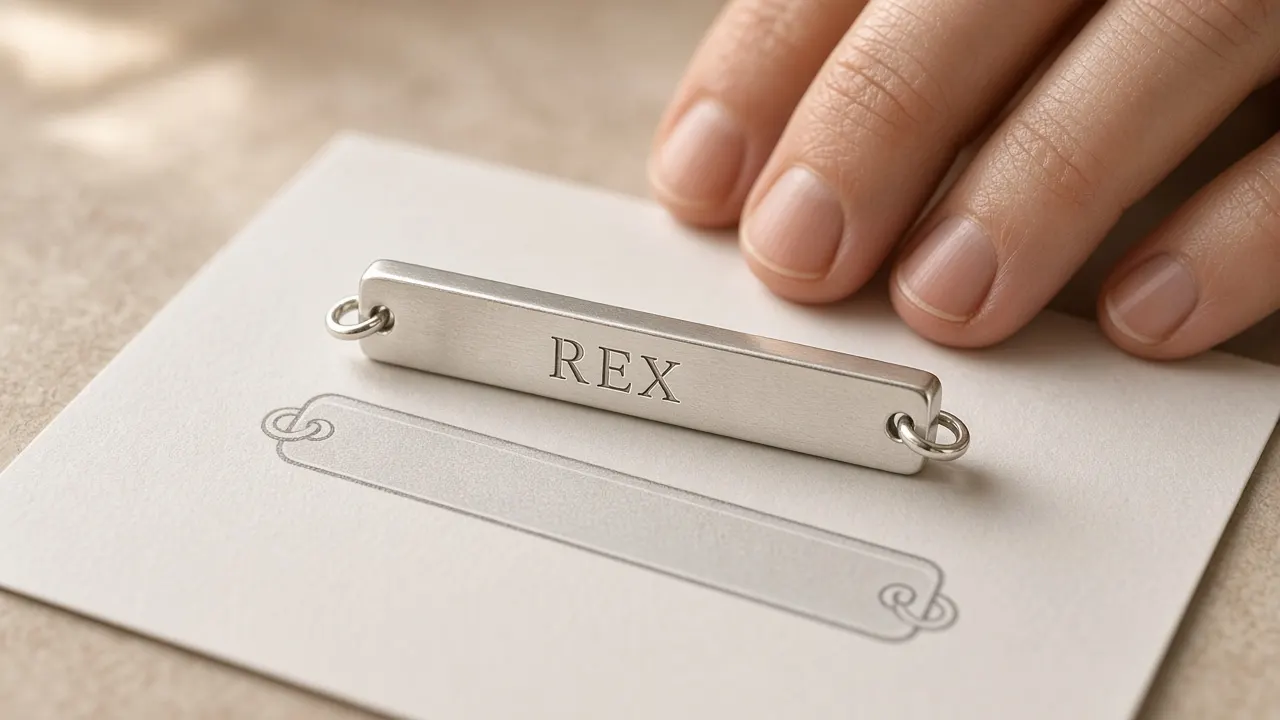 Close-up of a silver bar pendant engraved with a short dog name in clean capitals, lying on a printed paper proof of the same design