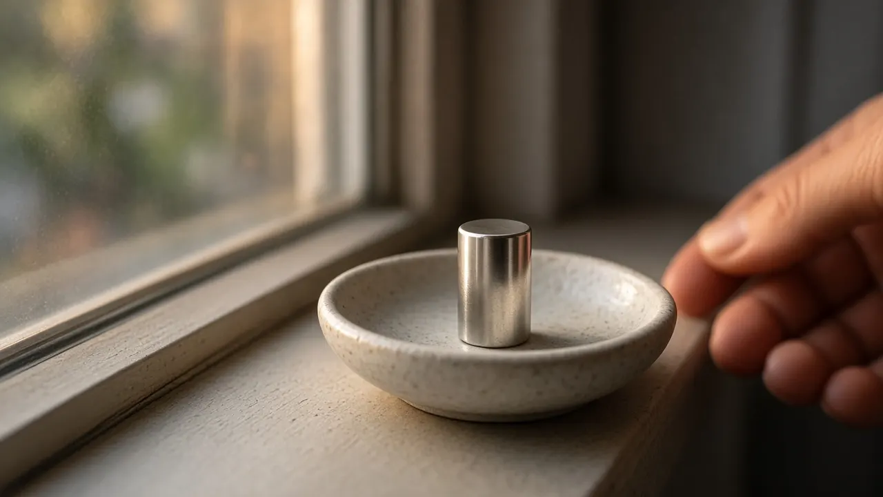A small filled silver cylinder pendant standing upright in a tiny ceramic dish on a windowsill in evening light