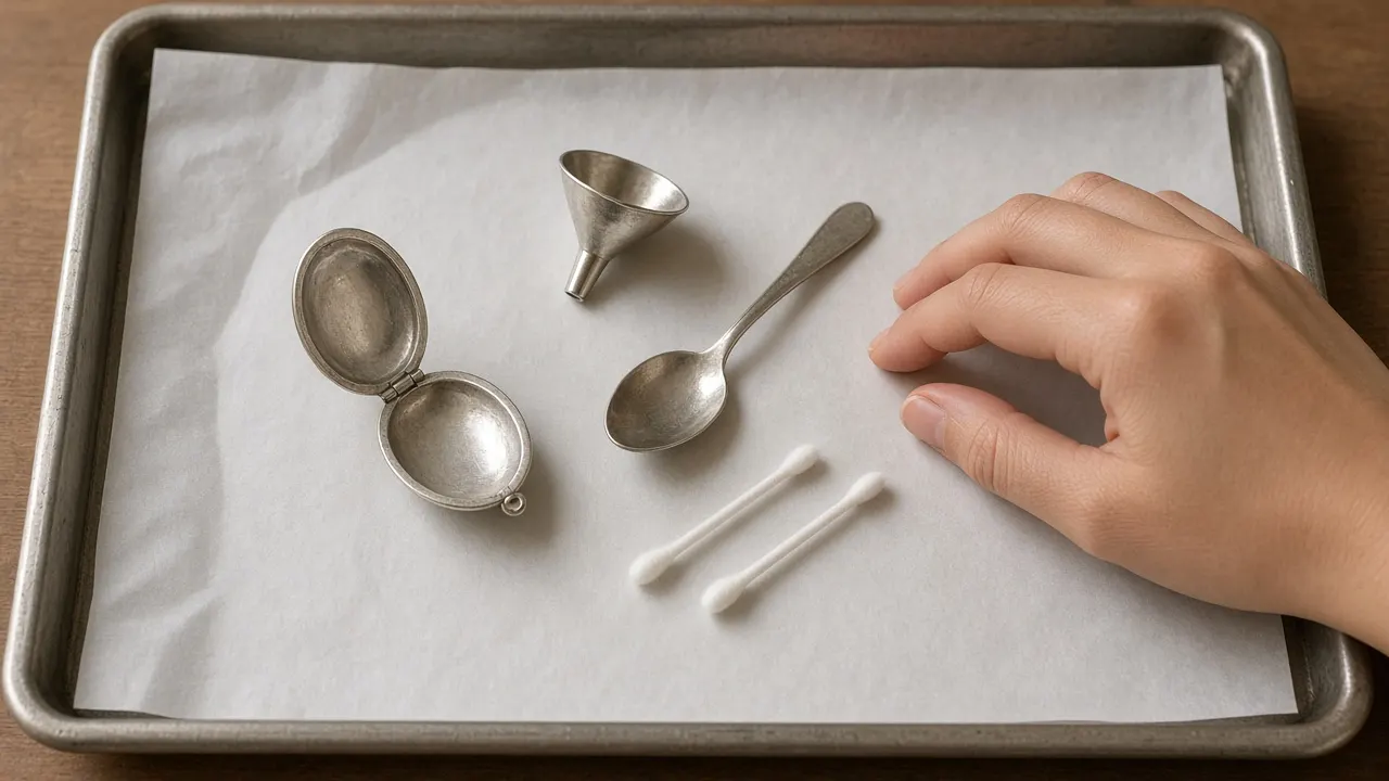 A rimmed baking tray lined with white paper holding an open silver pendant, a tiny funnel, a teaspoon and cotton buds, seen from above