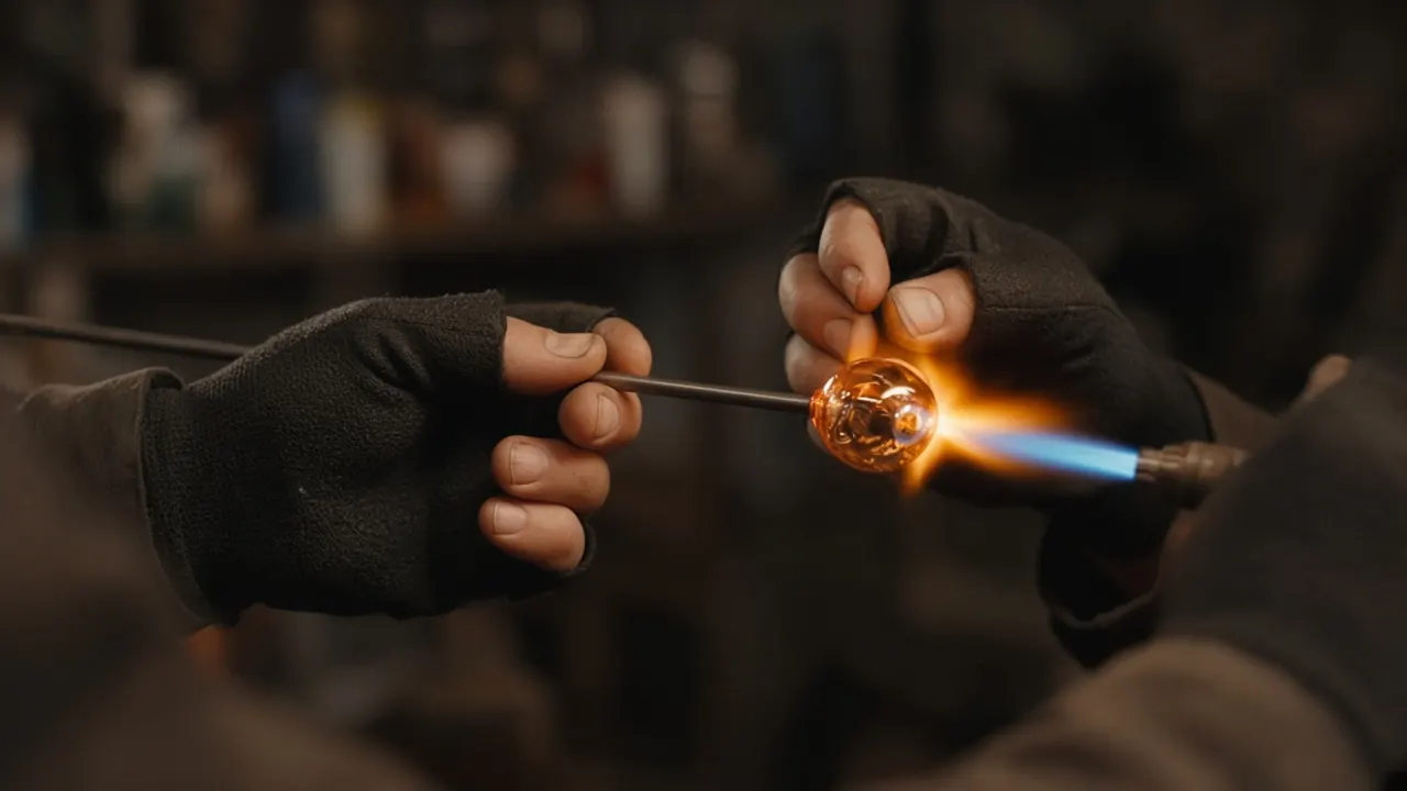 A glass artist's gloved hands turning a small glowing amber glass bead on a steel rod in front of a torch flame in a dim studio