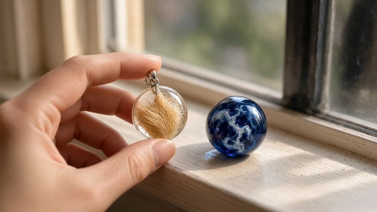 A clear resin cabochon pendant showing a tuft of ginger cat fur beside a cobalt glass bead with white ash swirls on a sunlit windowsill