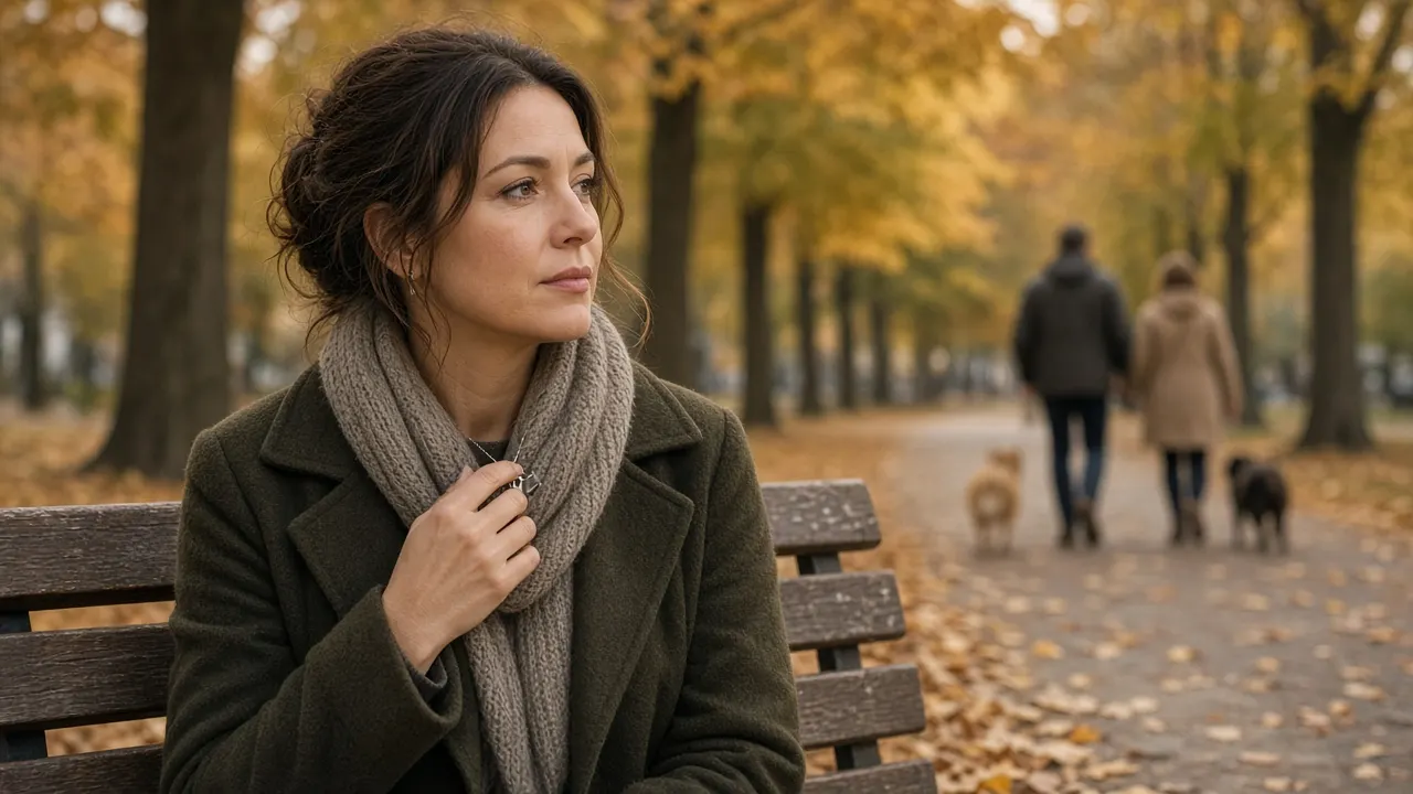 A person sitting on a park bench in autumn, one hand resting on a small silver pendant at their collar, looking out over a path where dogs are walked