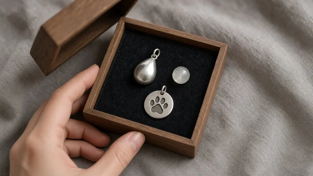 An open wooden box holding a plain silver teardrop pendant, a pale glass bead and a paw-engraved tag on a soft gray cloth