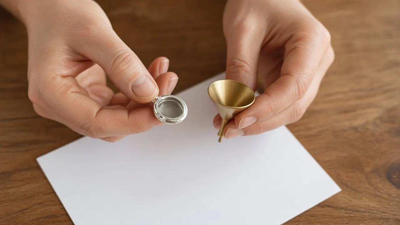 Two hands holding a small open silver pendant and a tiny brass funnel over a sheet of white paper on a wooden table