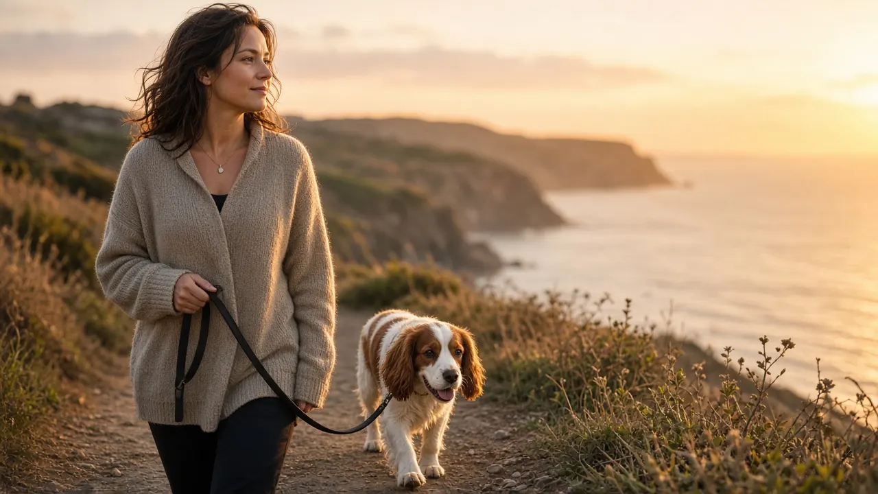 A woman walking a young spaniel along a coastal path at golden hour, a small pendant visible at her neck