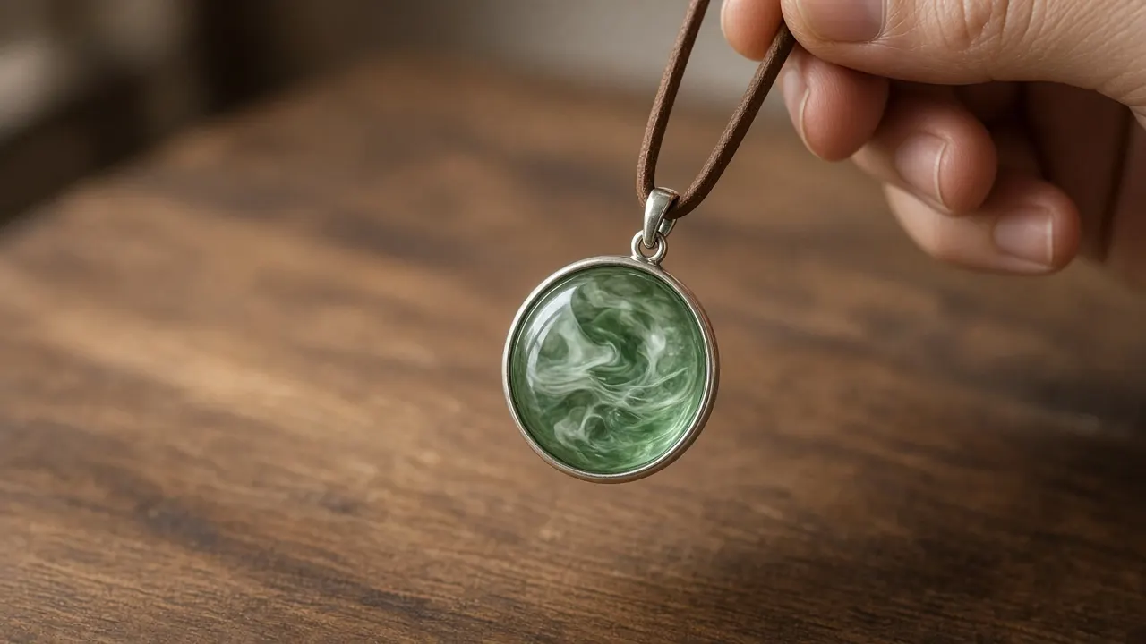 A round green glass pendant with pale swirls inside set in a thin silver frame hanging from a brown leather cord on a wooden table