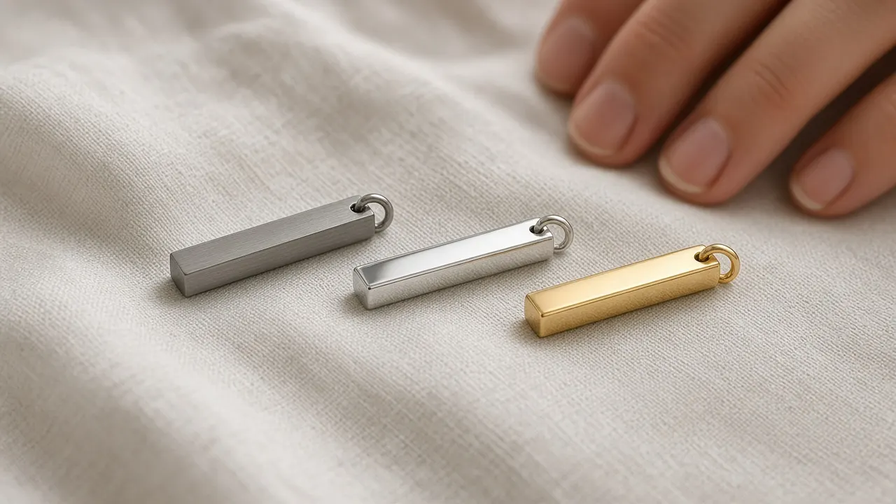 Three small bar pendants in brushed stainless steel, polished sterling silver and yellow gold lying side by side on a pale linen napkin