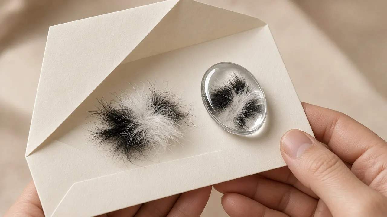 A small tuft of soft black-and-white dog fur in an open paper envelope next to an oval clear resin pendant containing similar fur