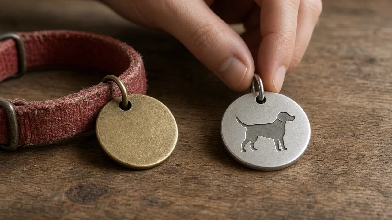 A worn brass dog tag and a faded red collar lying beside a new silver disc pendant engraved with a simple dog silhouette on a wooden table