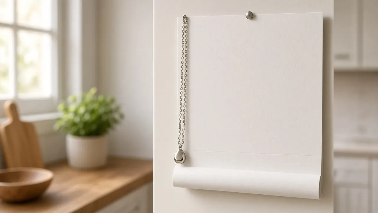 A paper wall calendar with no readable text, a small silver pendant on a chain hanging from the pin beside it, in a bright kitchen