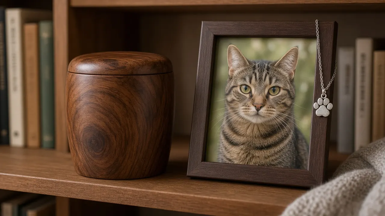 A walnut pet urn on a bookshelf next to a framed photo of a tabby cat, with a small silver pendant draped over the frame corner