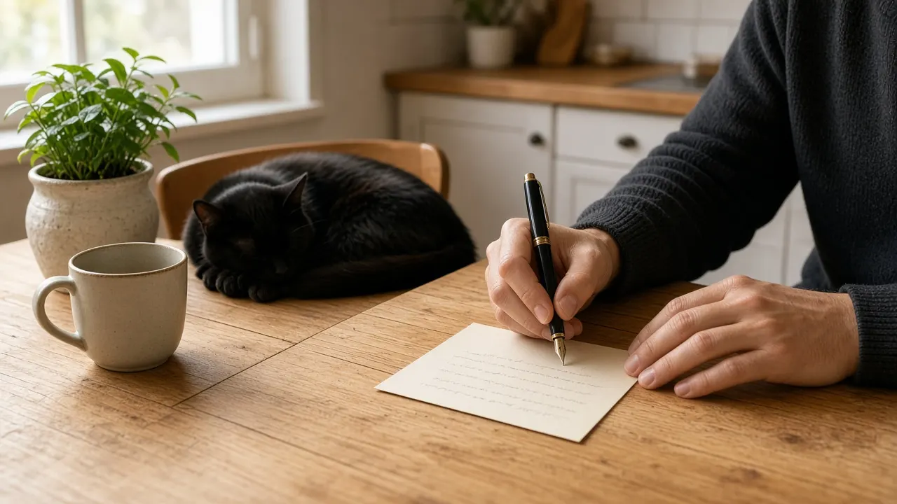 A person writing a short note at a kitchen table, a cat curled on a chair beside them in morning light