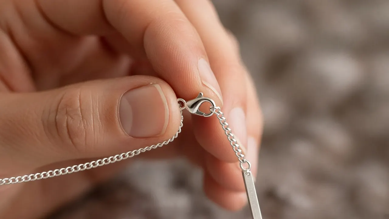Close-up of fingers closing a sturdy silver lobster clasp on a curb chain holding a small bar pendant