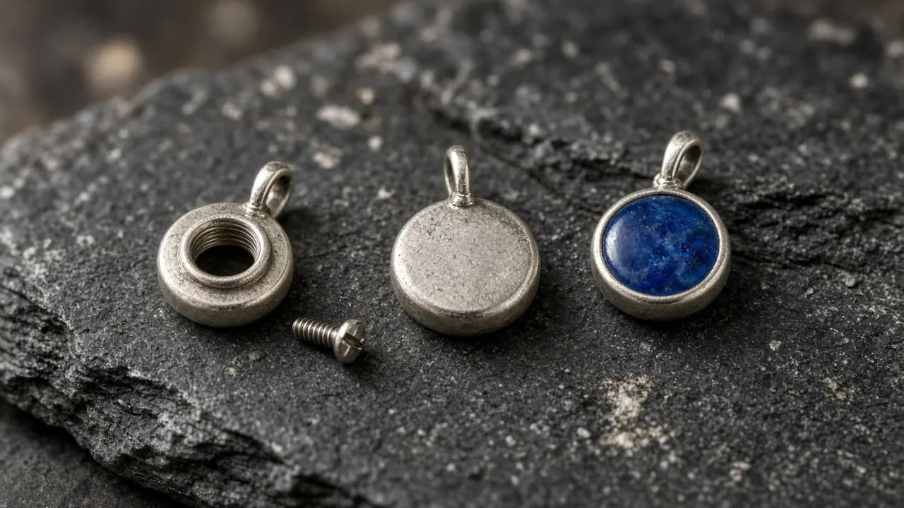 Three small silver pendants on slate, one with its tiny screw removed and laid beside it, one soldered shut and one of blue glass