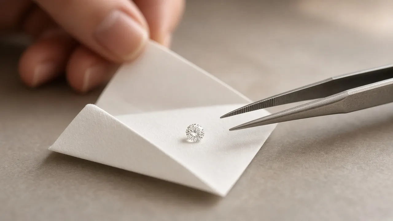 A small loose colorless round diamond on a folded square of white paper beside jeweler's tweezers in soft window light
