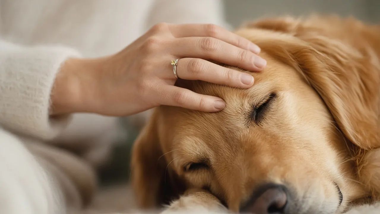 A woman's hand with a simple platinum ring set with a small pale yellow diamond resting on the head of a sleeping golden retriever