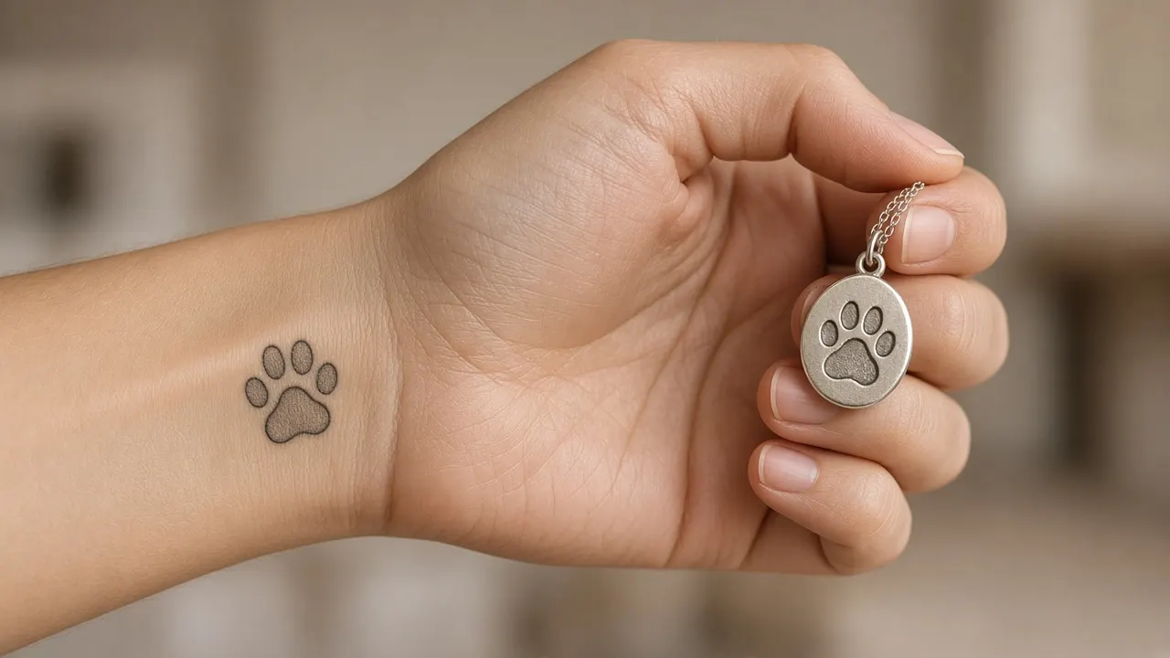 A healed fine-line dog paw print tattoo on the inner wrist of a hand holding a silver pendant engraved with the same paw print