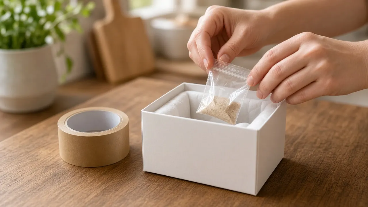 Hands placing a tiny sealed bag into a padded small white box on a wooden kitchen table beside a roll of tape