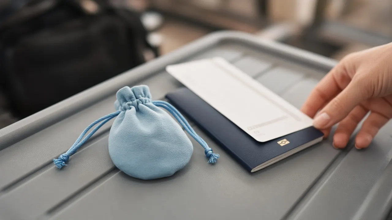 A small soft blue jewelry pouch next to a passport and boarding pass with no readable text on a gray airport bin