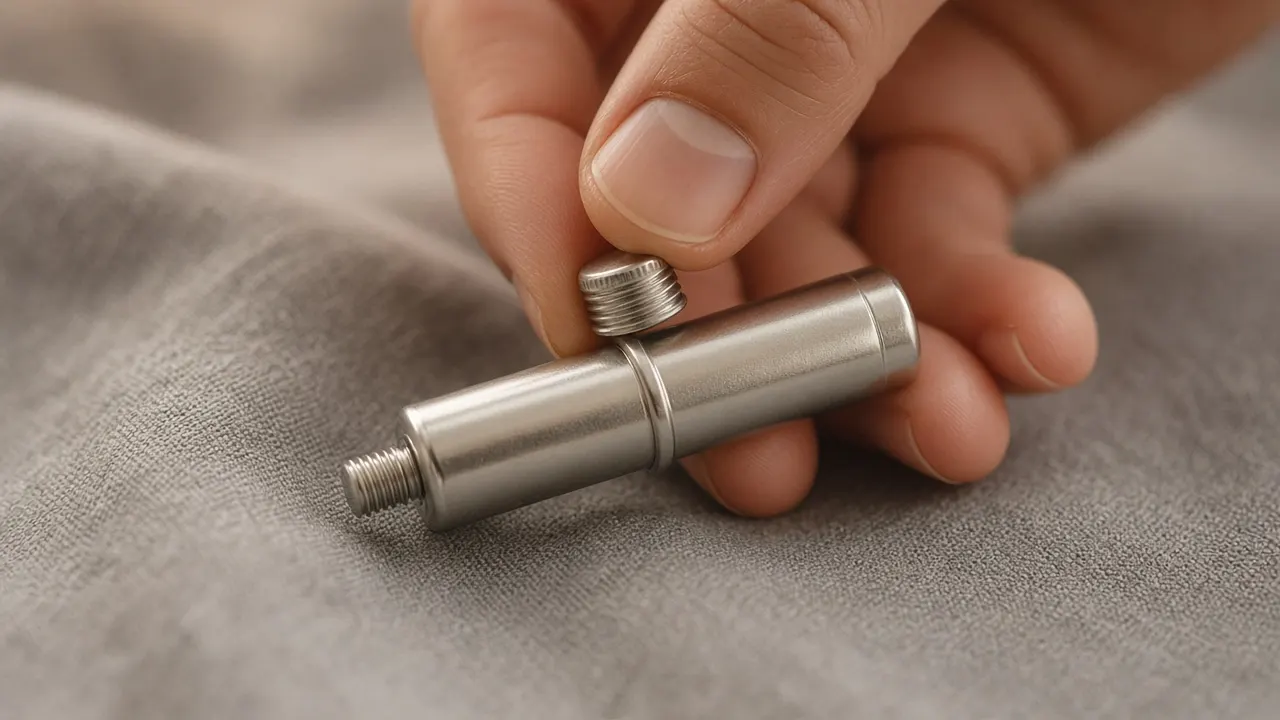 Macro view of a silver cylinder pendant's tiny screw cap partly unscrewed, resting on a soft gray cloth