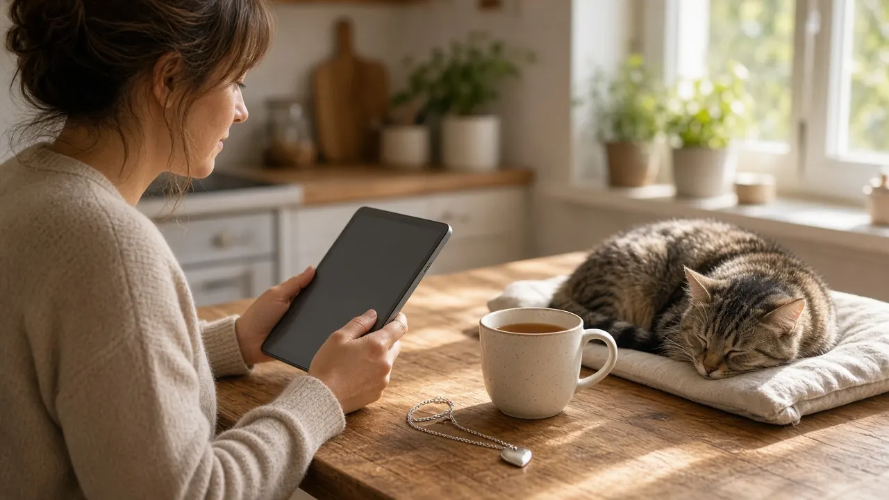 A person reading on a tablet at a sunny kitchen table, a mug of tea and a small silver heart pendant resting beside a sleeping cat