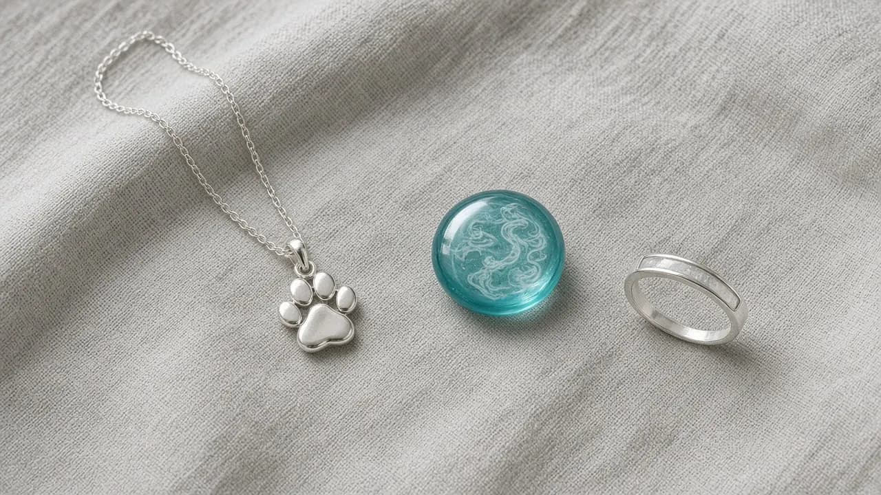 A silver paw-shaped pendant, a glass bead with pale swirls and a slim ring laid on a gray linen cloth