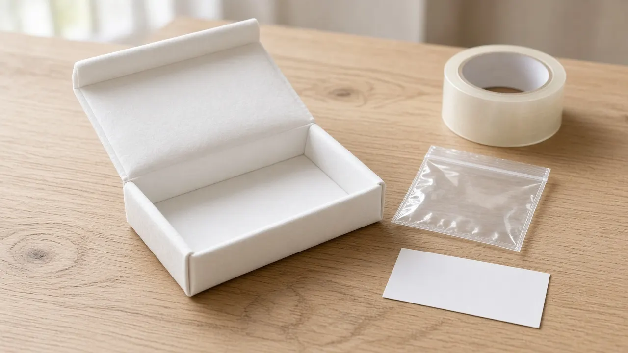 A small padded box, a sealed pouch and a handwritten address label on a wooden counter in soft daylight