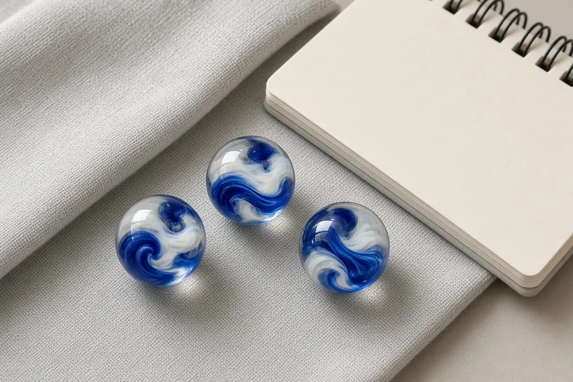 Three handmade glass memorial beads with swirls of blue and white laid on a soft grey cloth beside a notepad