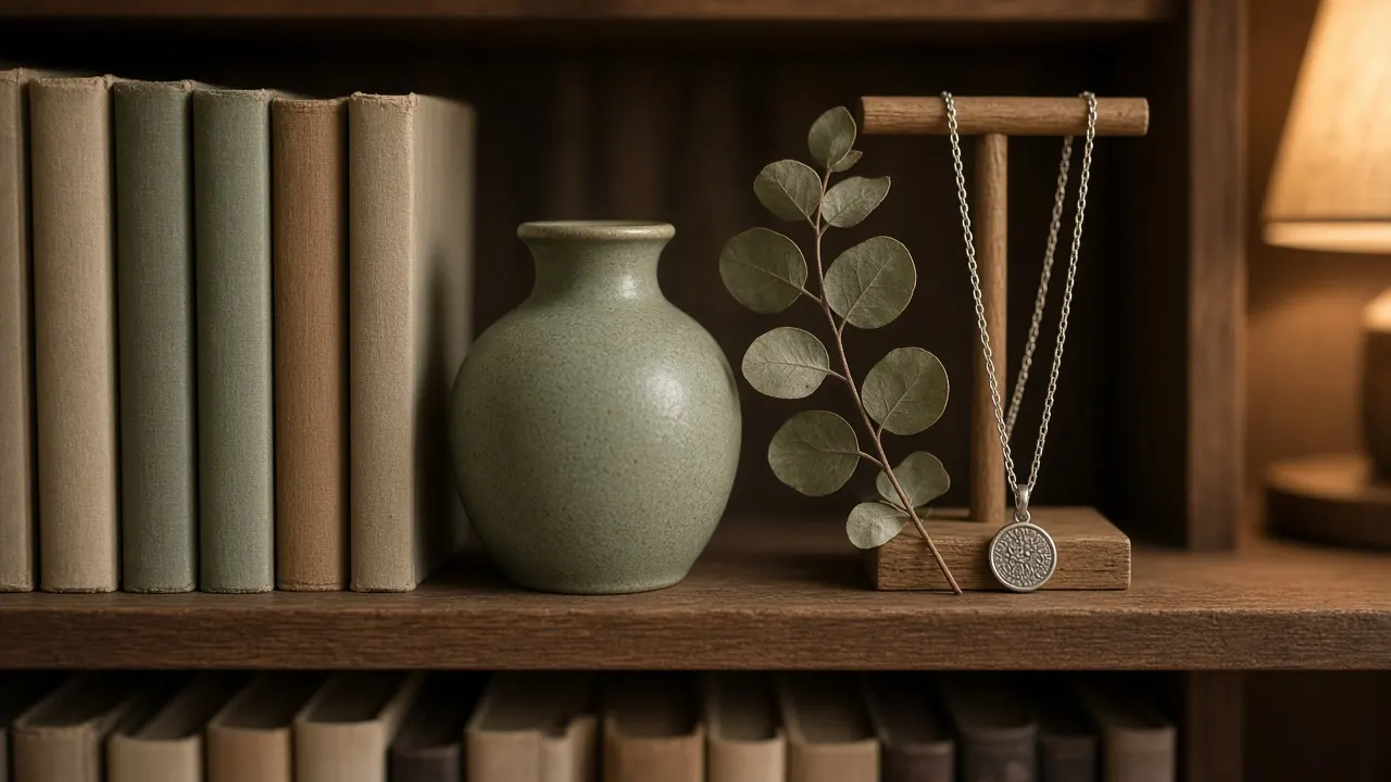 A small ceramic urn on a bookshelf with a silver pendant on a fine chain draped beside it