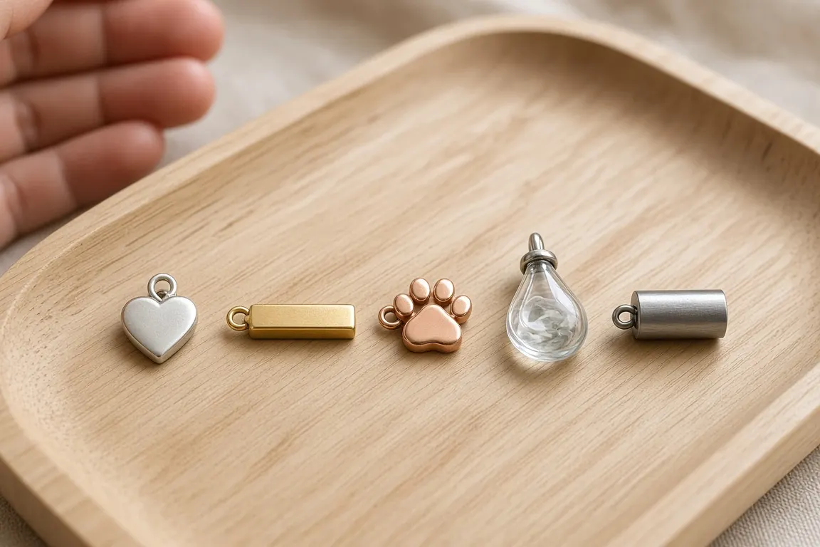 A row of small memorial pendants in silver, gold and glass laid on a pale wooden tray