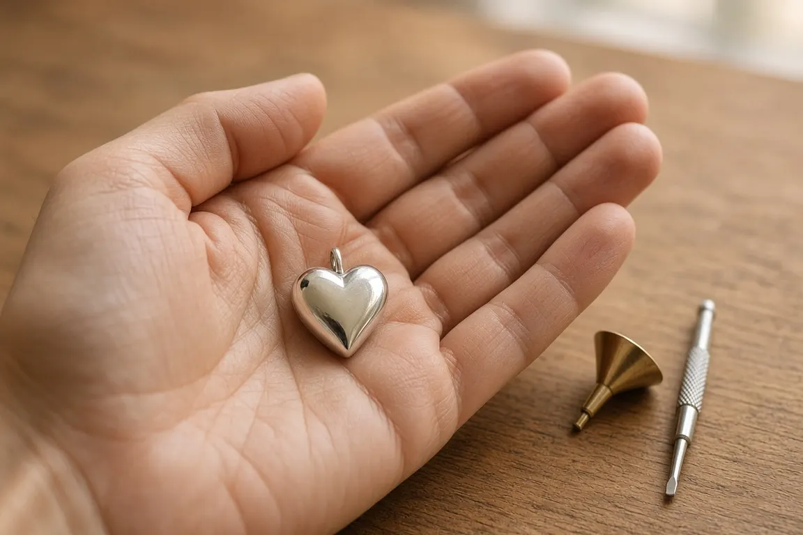 A sterling silver heart pendant resting in an open palm beside a tiny brass funnel on a wooden table