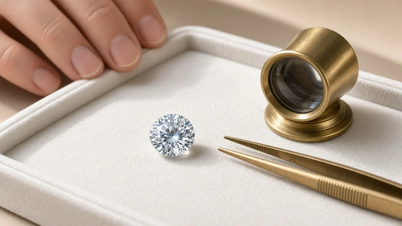 A jeweler's loupe beside a small blue lab-grown diamond on a white velvet tray in bright studio light