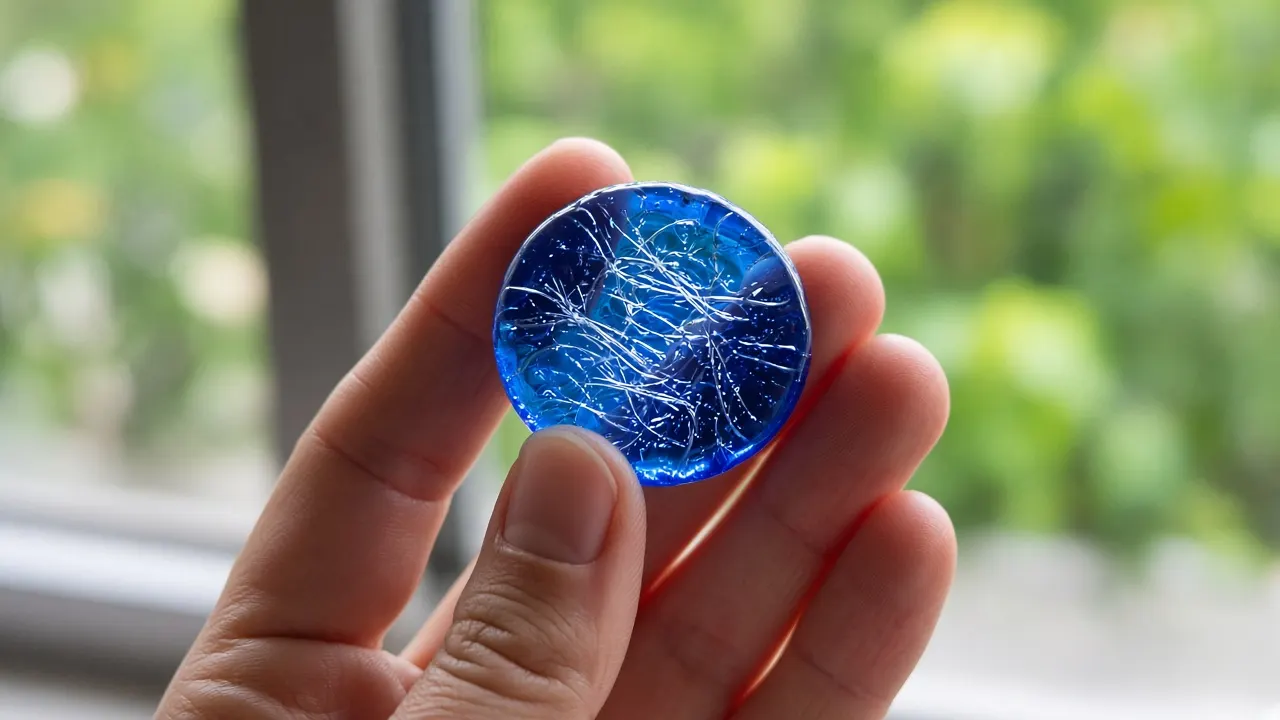 A round blue glass pendant with fine white swirls held up to a bright window