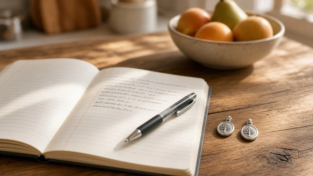 An open notebook with a handwritten list beside two small silver pendants and a pen on a kitchen table