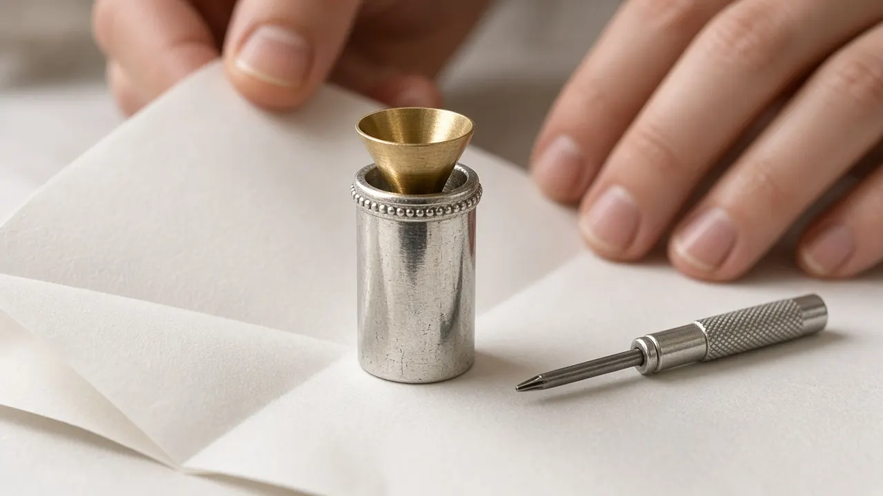 A tiny brass funnel resting in the opening of a small silver cylinder pendant on white paper