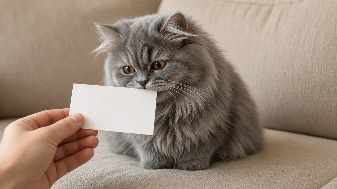 A fluffy gray long-haired cat sniffing a sheet of white card held gently near its face on a sofa