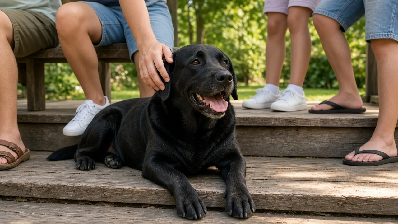 A black Labrador lying on a porch step surrounded by the legs and hands of several family members