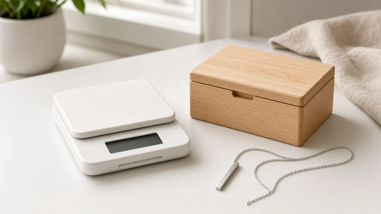 A small kitchen scale beside a simple wooden keepsake box and a silver bar pendant in soft window light
