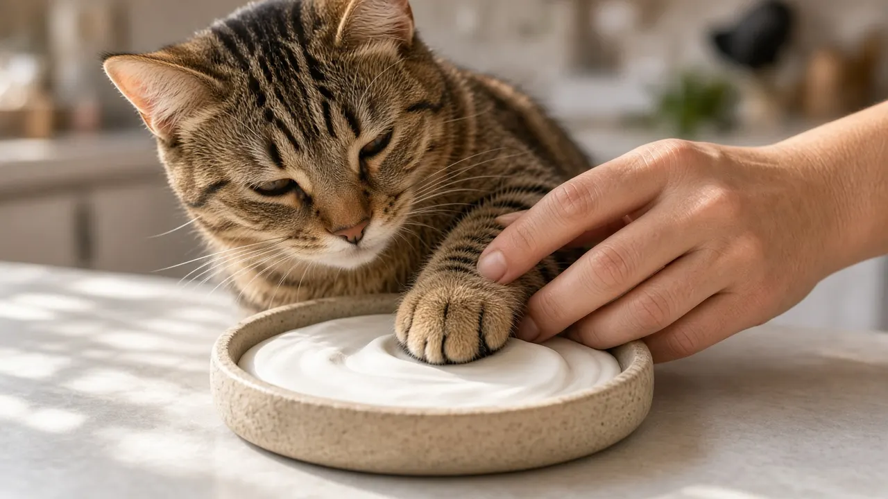 A tabby cat's paw resting on a small tray of soft white clay on a sunny kitchen counter